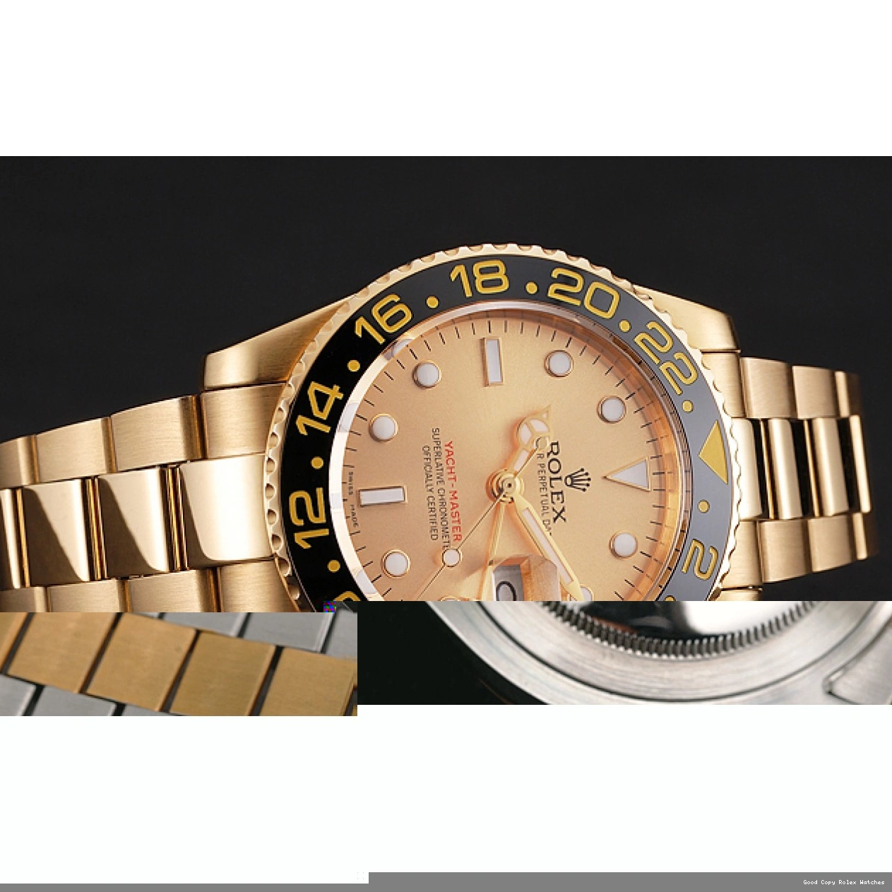 Best AAA Replica Sites II Gold Black Bezel Master Swiss Bracelet Gold Dial 1453749 GMT And Rolex Case 0711